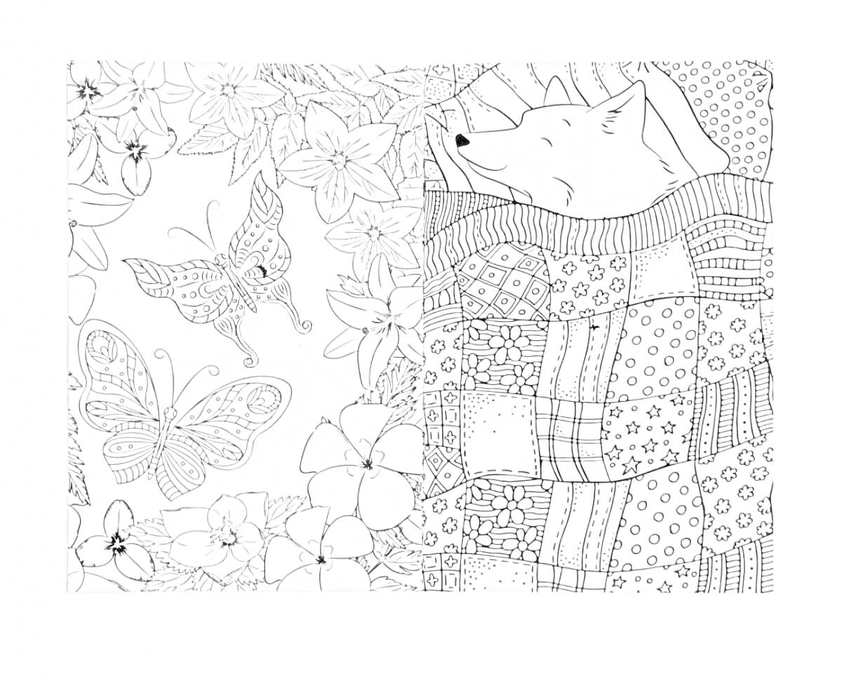 Раскраска Лисица в свитере отдыхает на фоне цветов и бабочек