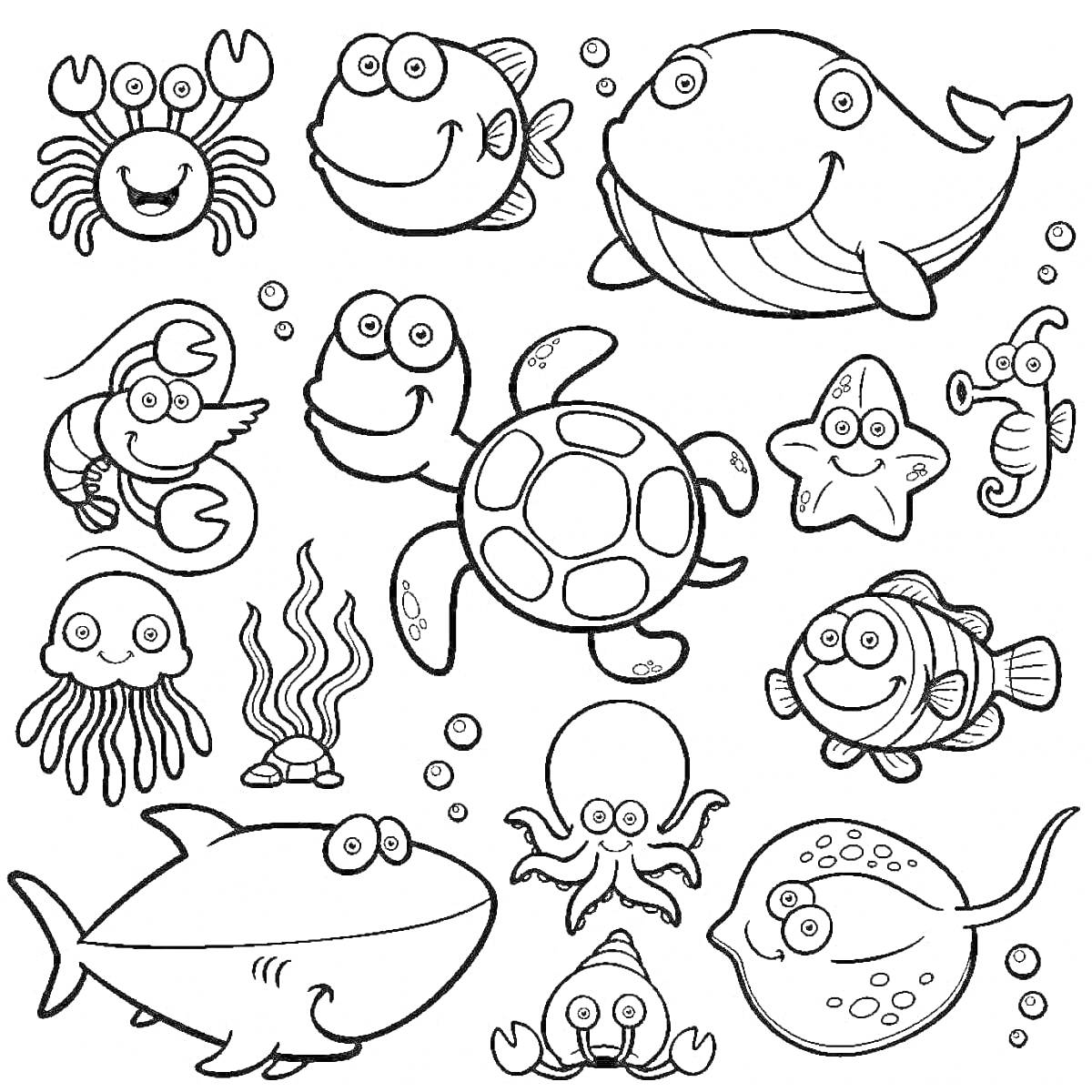 Раскраска Морские обитатели: краб, рыба, кит, лобстер, черепаха, морская звезда, морской конек, медуза, водоросли, осьминог, акула, скат