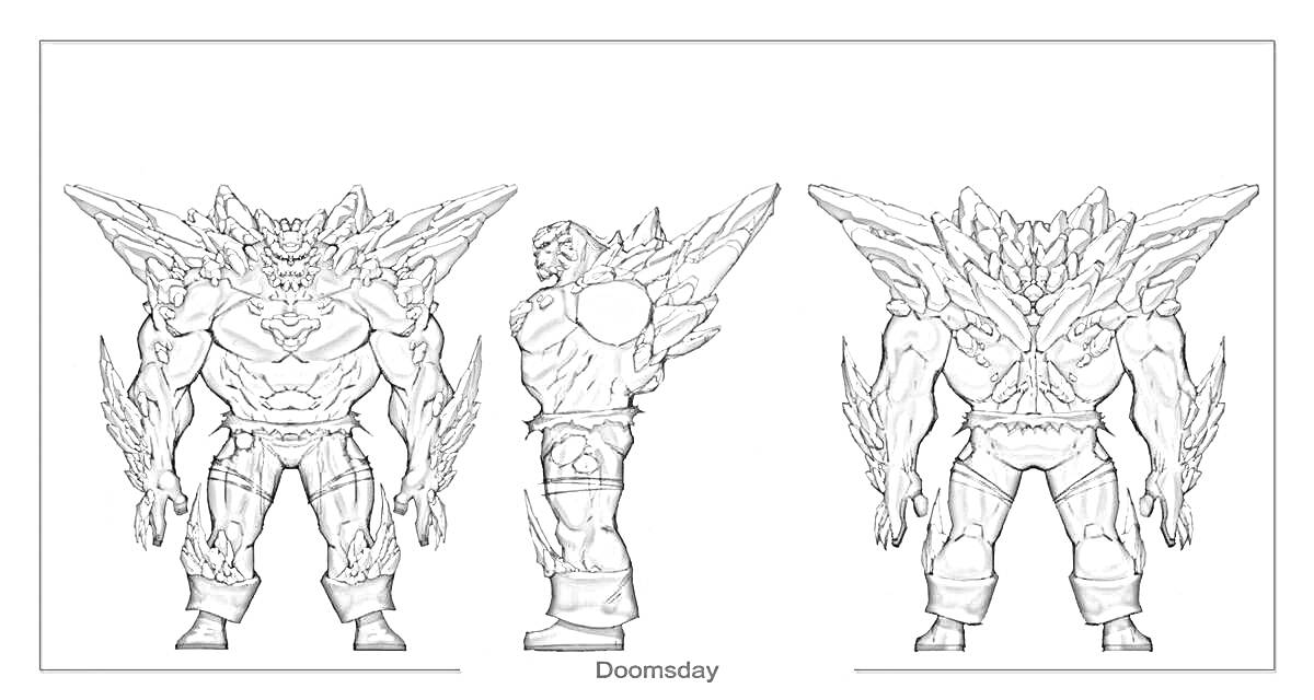 Раскраска Три ракурса персонажа Doomsday с шипами на плечах и руках