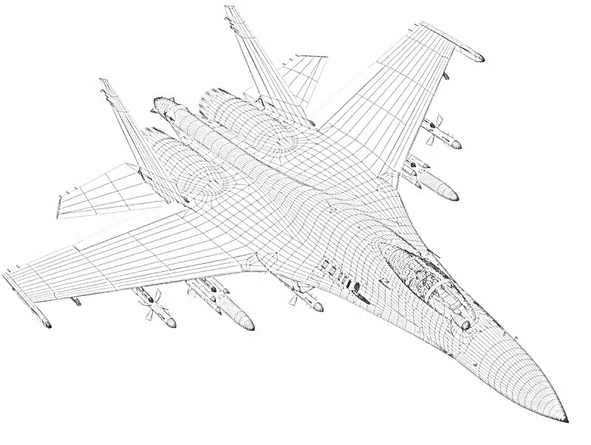 Раскраска Раскраска Су-27 с изображением всех элементов самолёта, включая крылья, двигатели и вооружение
