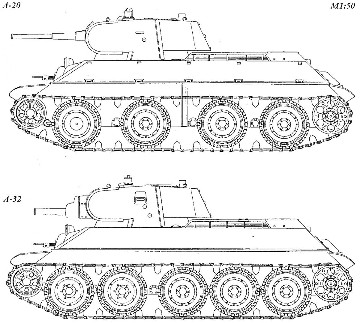 Чертежи танков А-20 и А-32 в виде раскраски