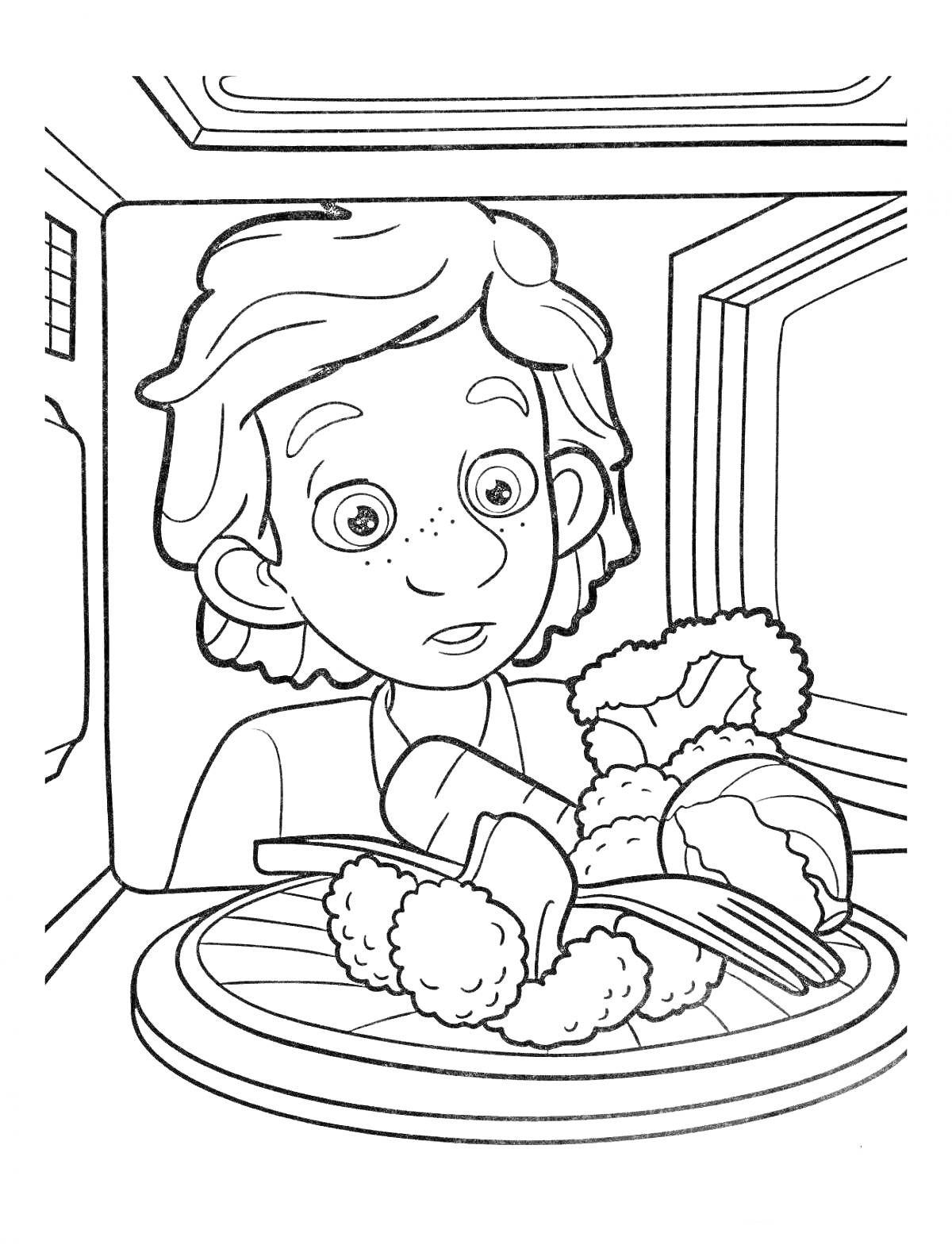 Мальчик перед микроволновой печью, в которой находится тарелка с едой (шашлыки, и другие блюда).