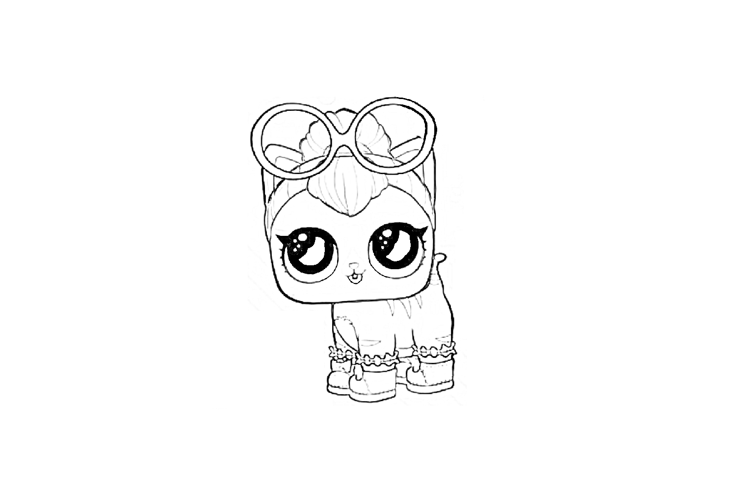 Раскраска Щенок с большими глазами, солнцезащитными очками на голове, бантом, головной повязкой, браслетами и ботинками
