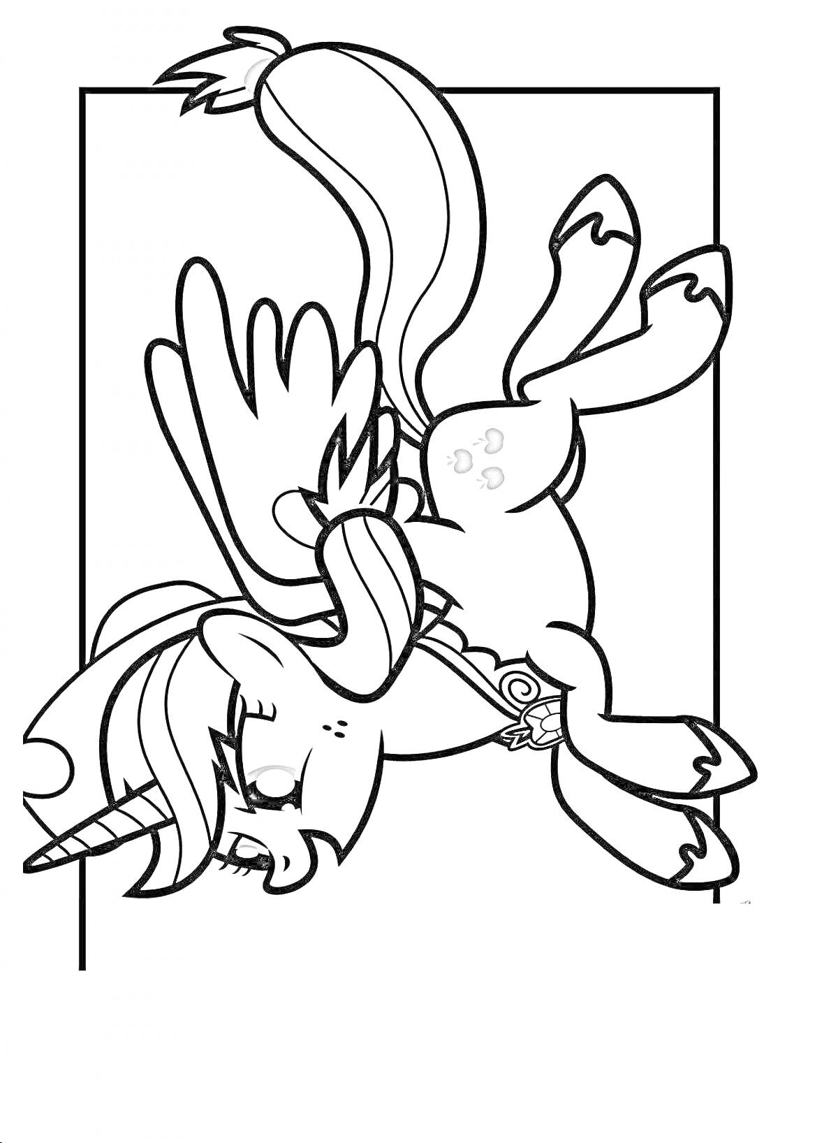 Раскраска Пони с крыльями и рогом в прыжке, с длинной гривой и хвостом, внутри прямоугольной рамки