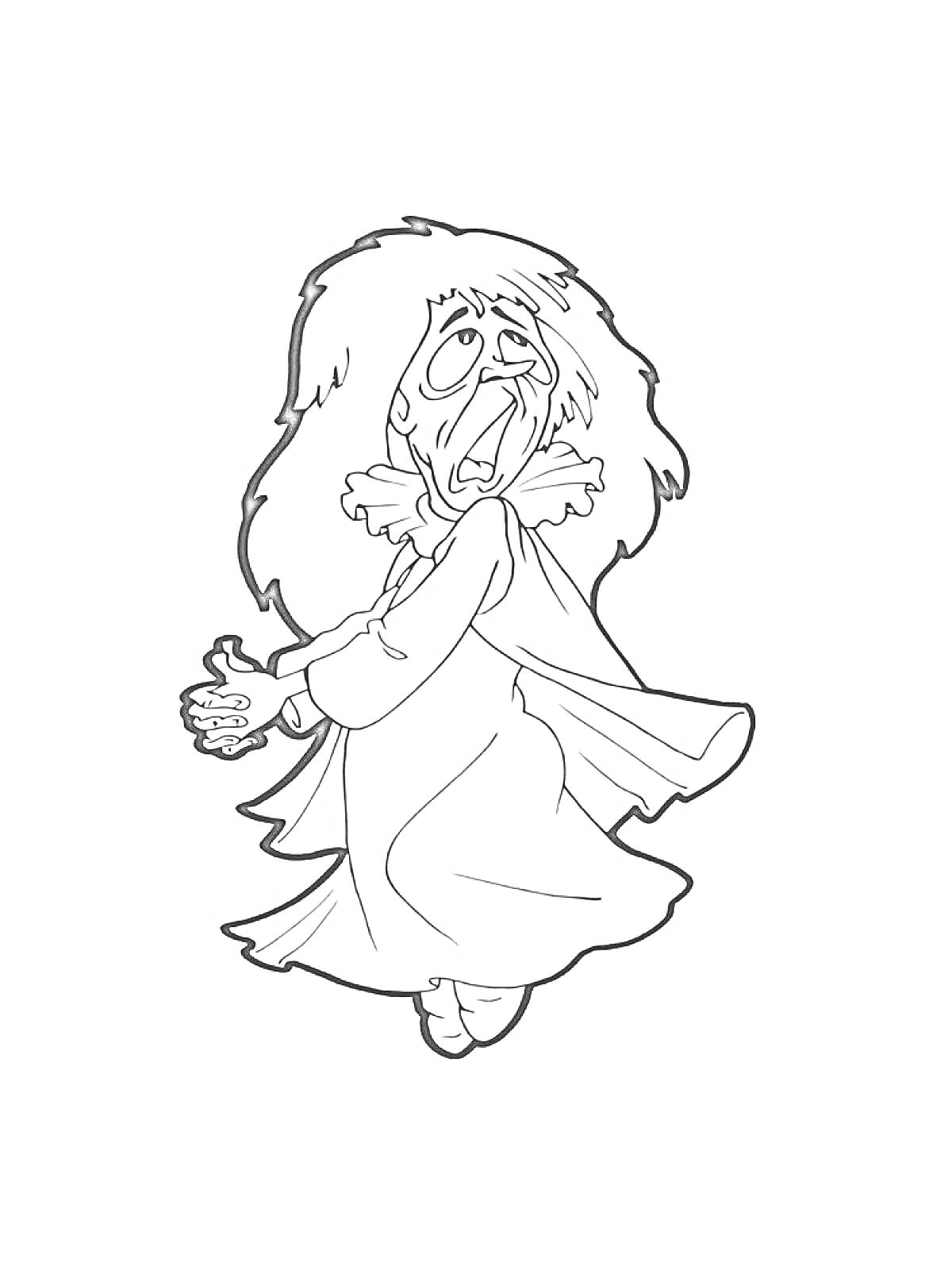 Раскраска Кикимора в длинном платье с растрепанными волосами
