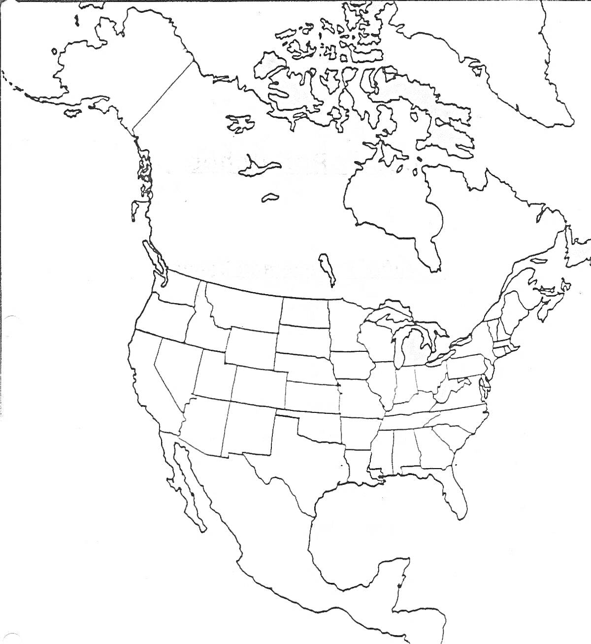 На раскраске изображено: Карта, Северная Америка, США, Канада, Мексика, Штаты, География