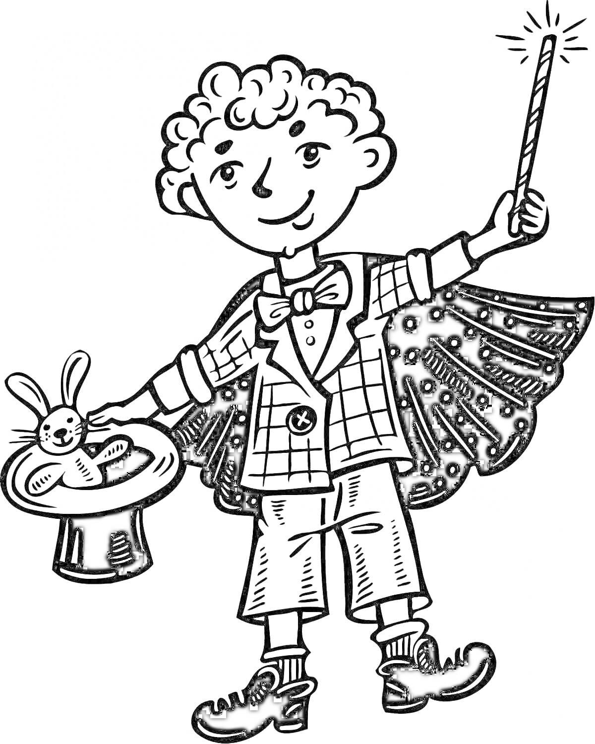 Раскраска Мальчик-фокусник с волшебной палочкой, шляпой и кроликом