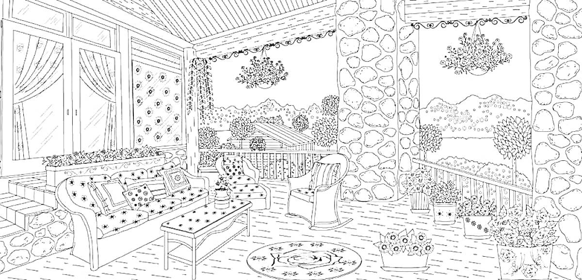 Раскраска Веранда с диваном, креслом, столиком, цветочными горшками и видом на пейзаж