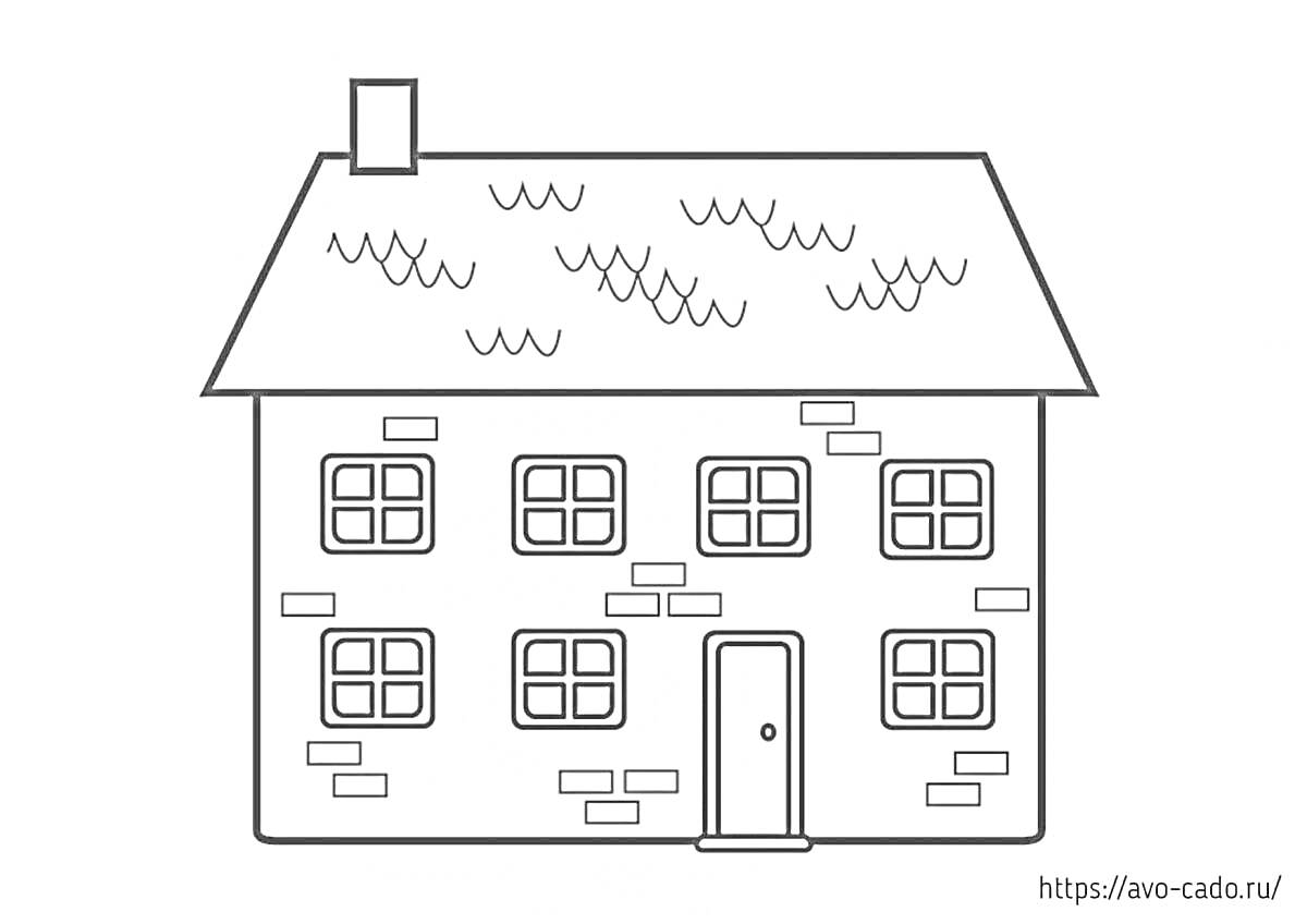 На раскраске изображено: Дом, Крыша, Труба, Окна, Дверь, Кирпичи