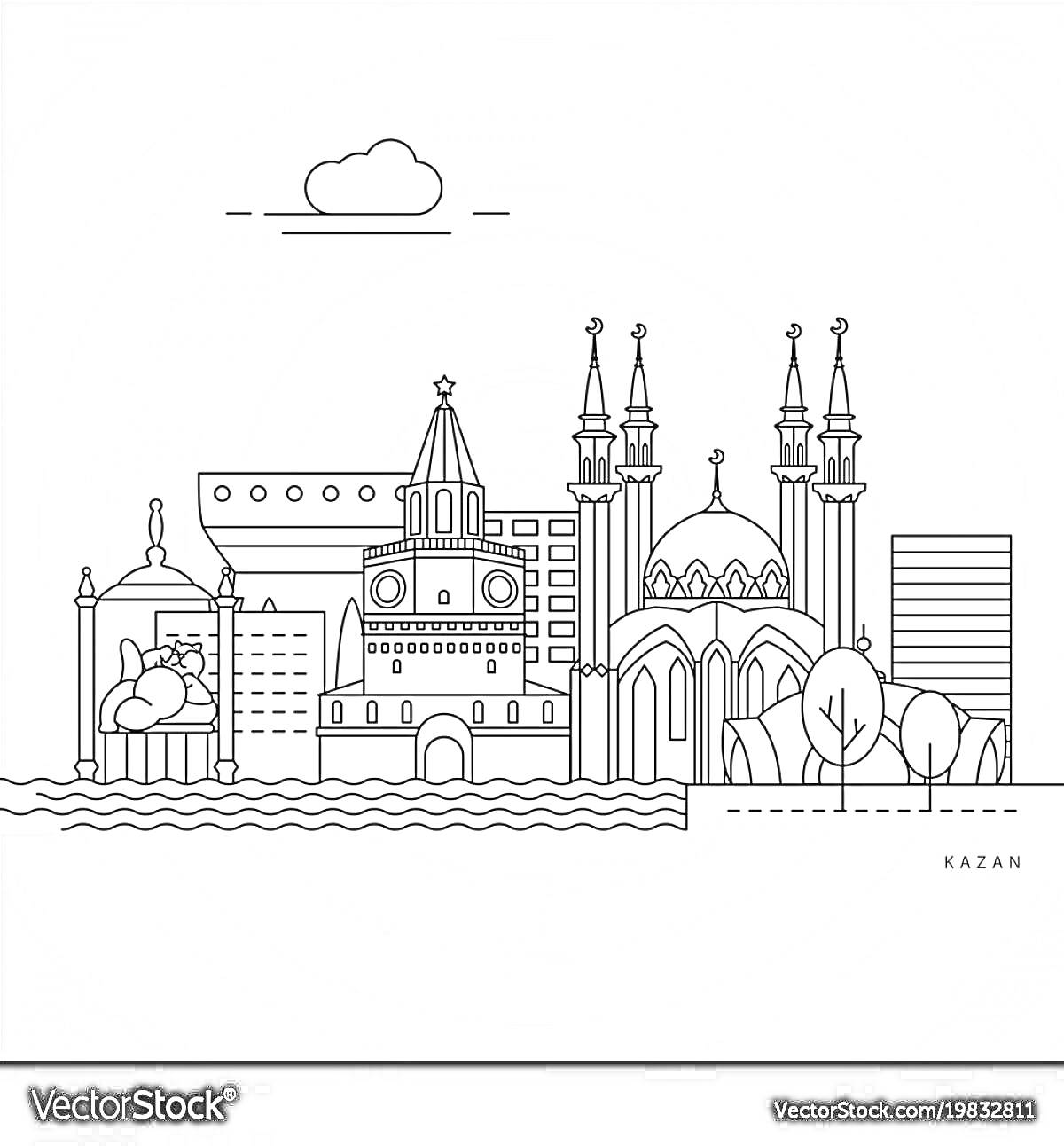На раскраске изображено: Казань, Городской пейзаж, Архитектура, Река, Здания, Природа, Мечеть