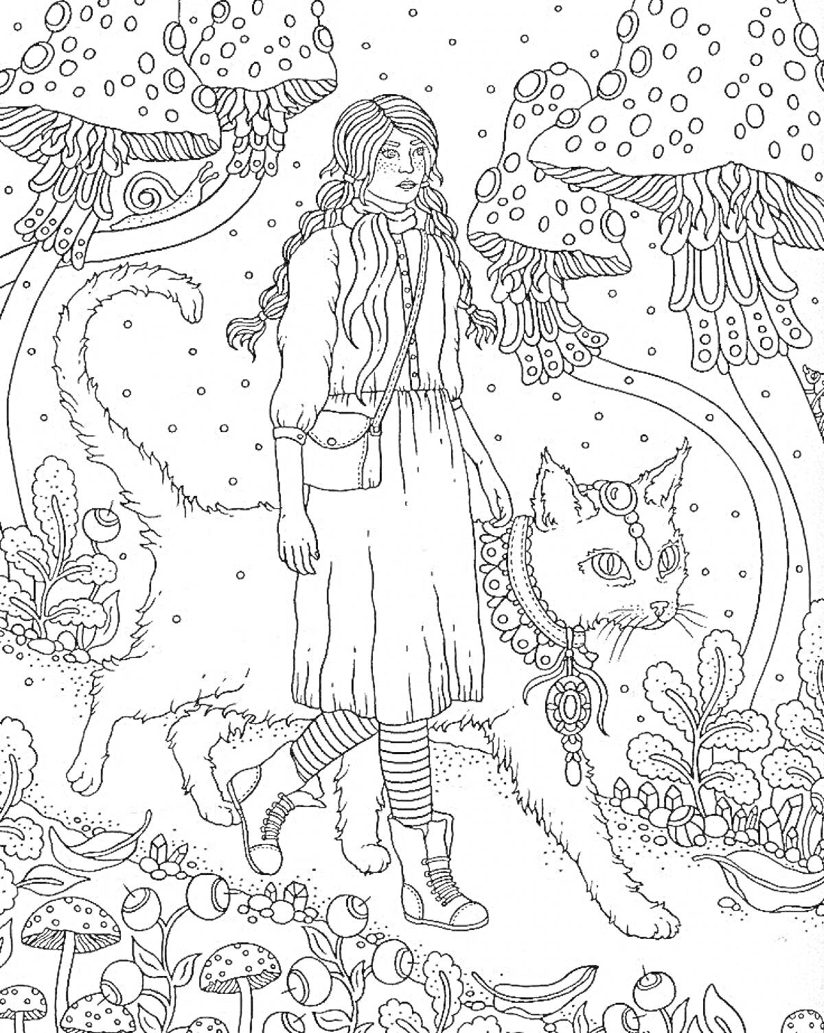 Раскраска Девушка с длинными волосами и в платье, гуляющая рядом с большим котом на фоне больших грибов и растительности