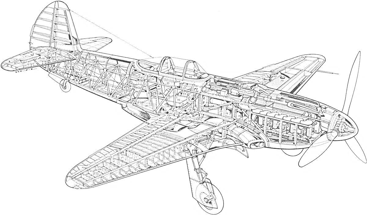Схематический чертеж самолета Як-3 с детальной прорисовкой внутренних механизмов, структурных элементов и пропеллера
