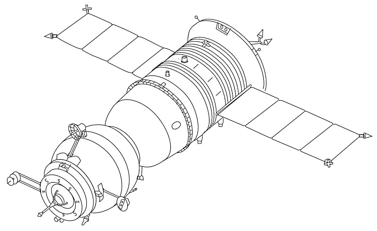 Раскраска Космический аппарат с панелями солнечных батарей и модулями