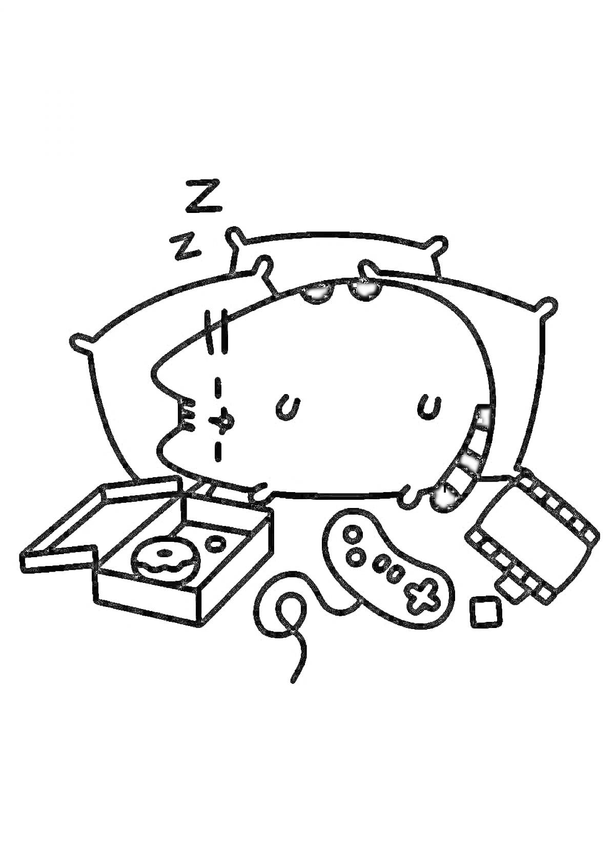 На раскраске изображено: Кот, Сон, Подушка, Пицца, Еда, Джойстик, Картридж