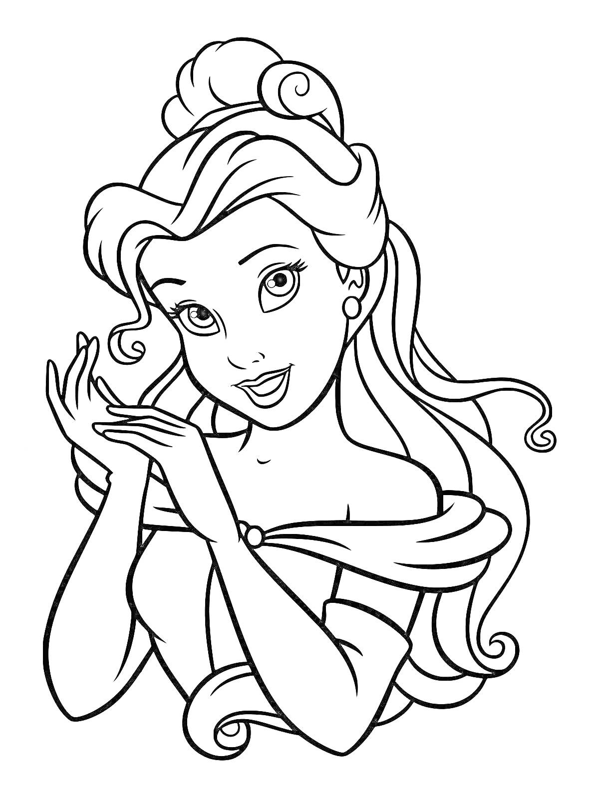 Принцесса с распущенными волосами и собранной на макушке прической, в платье с открытыми плечами, сложившая руки перед лицом