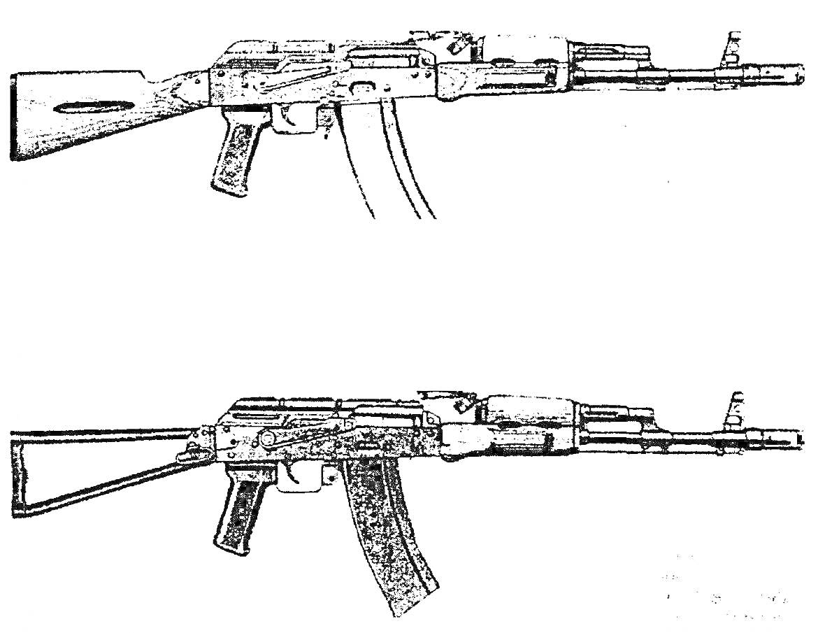 На раскраске изображено: Автомат калашникова, Оружие, Огнестрельное оружие, Чертежи