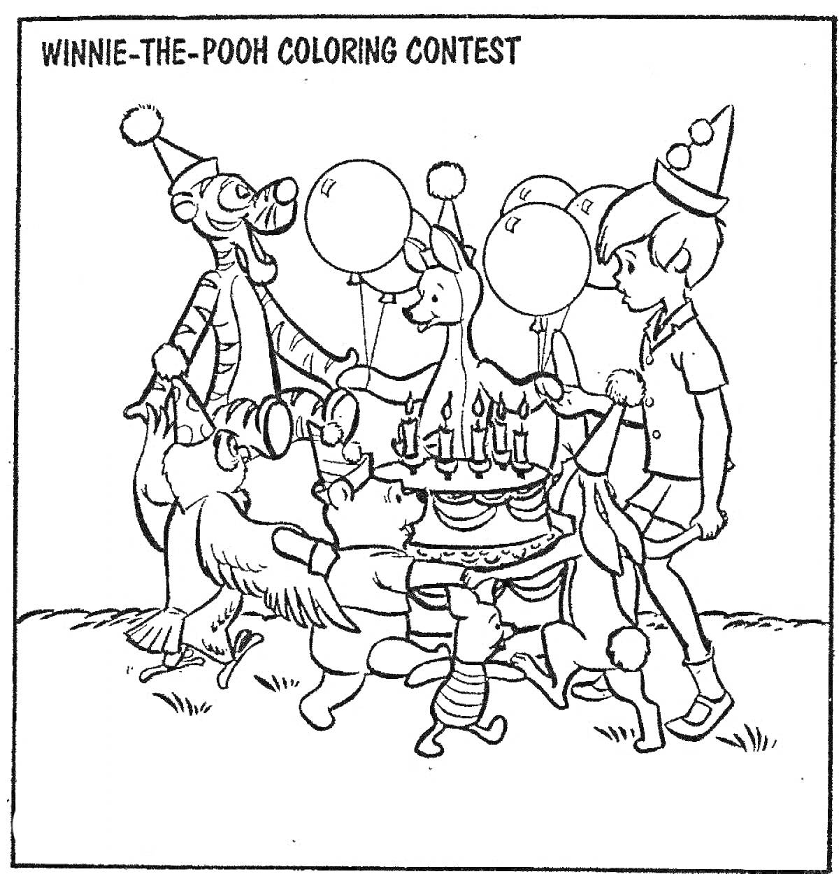 Раскраска Хоровод вокруг праздничного торта с Винни-Пухом, Тигрулей, Кенгой, Кроликом и мальчиком