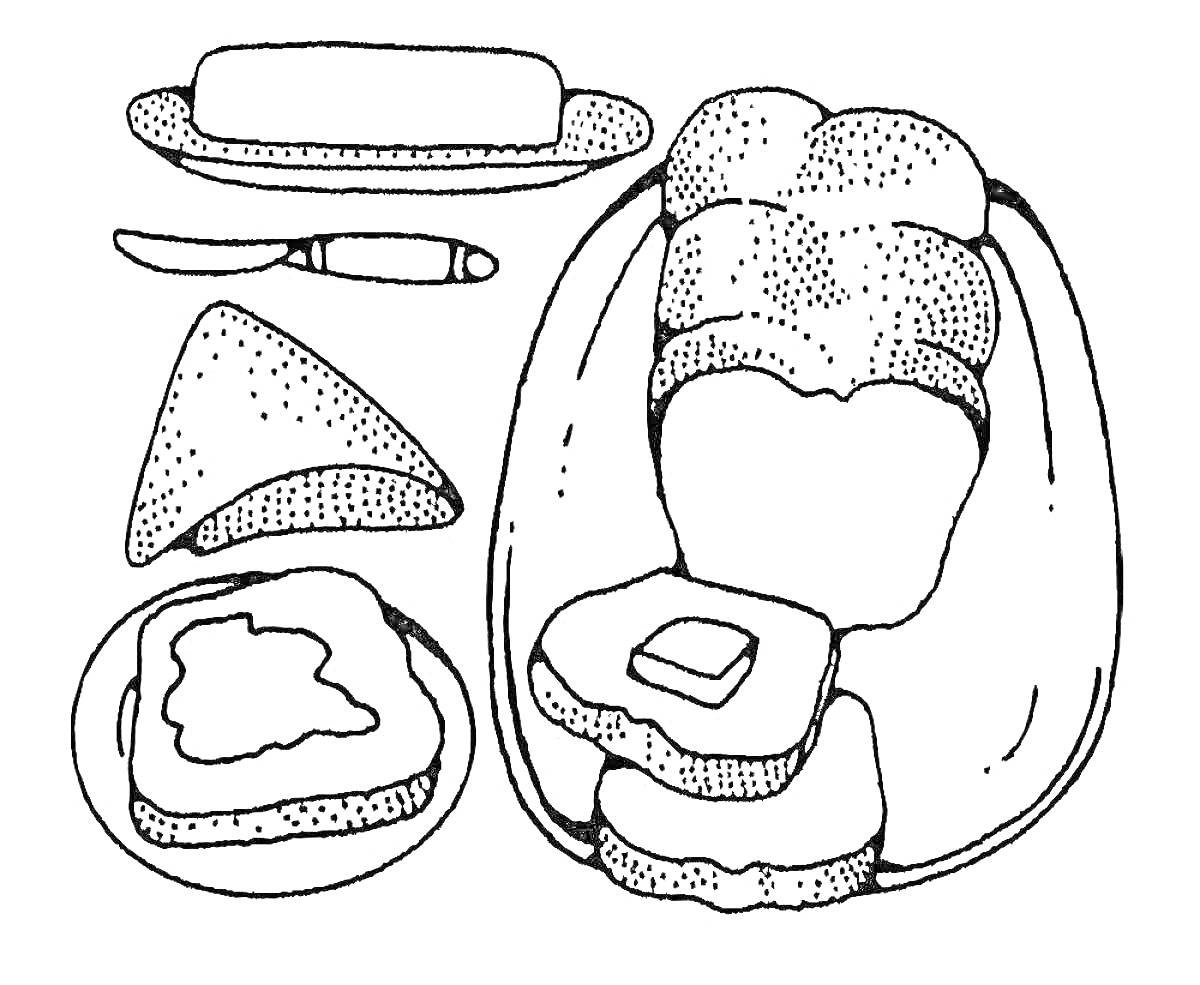 На раскраске изображено: Хлеб, Масло, Нож, Тарелка, Ломтики, Выпечка