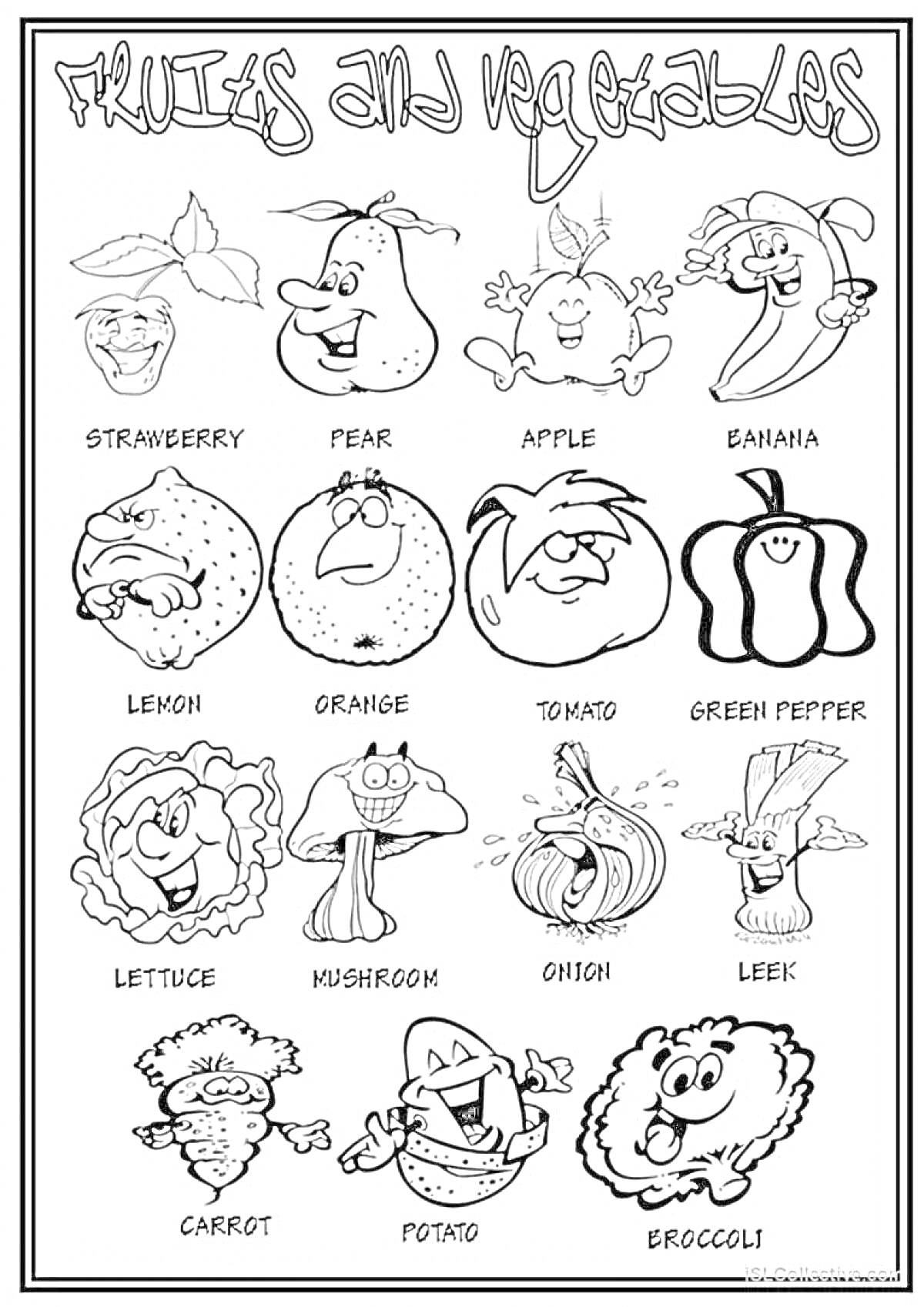 Раскраска раскраска с изображением овощей и фруктов на английском языке для детей