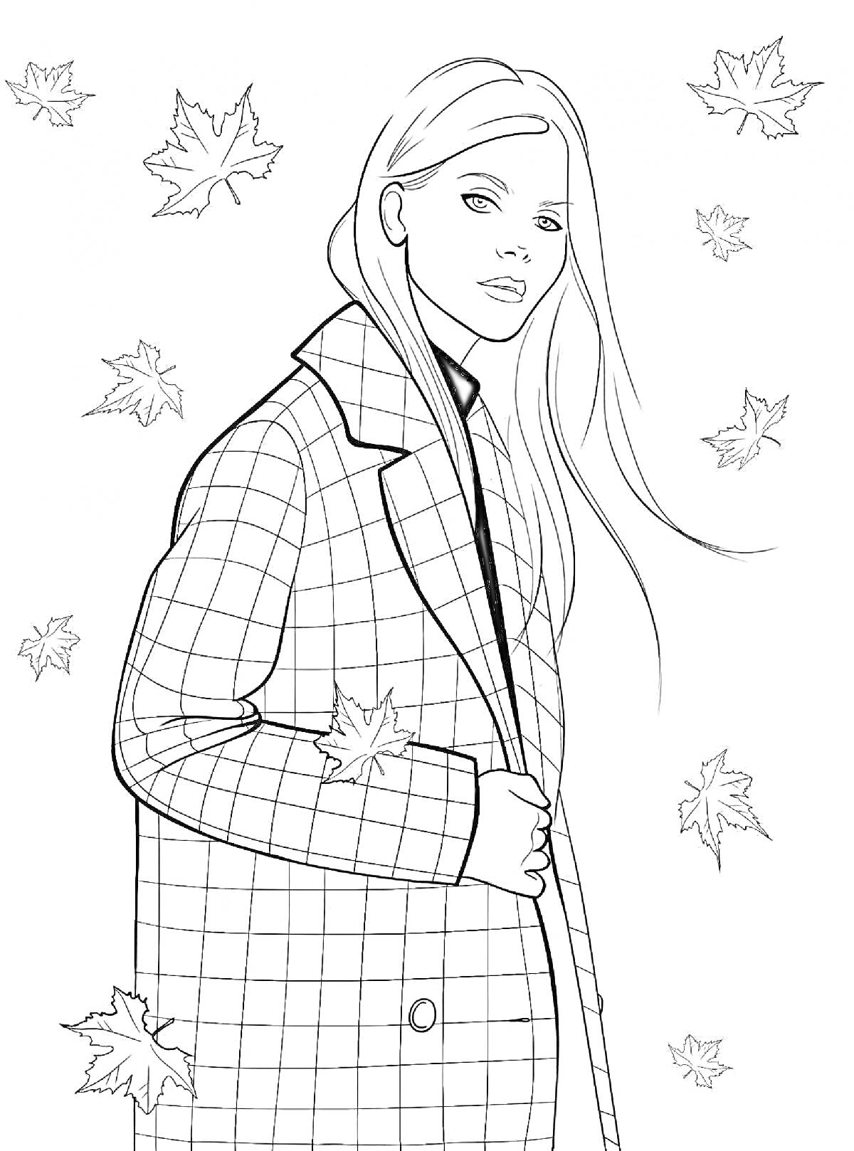 На раскраске изображено: Пальто, Осенние листья, Осень, Мода, Девочка, Подростки