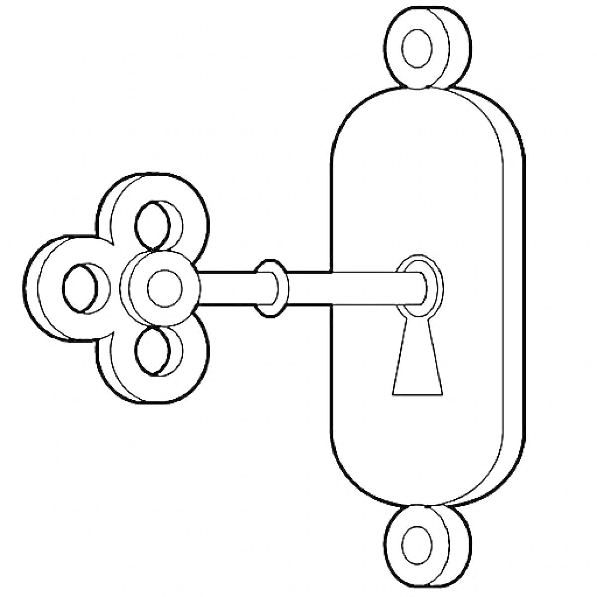 Раскраска Ключ в замочной скважине на замочной пластине с винтами