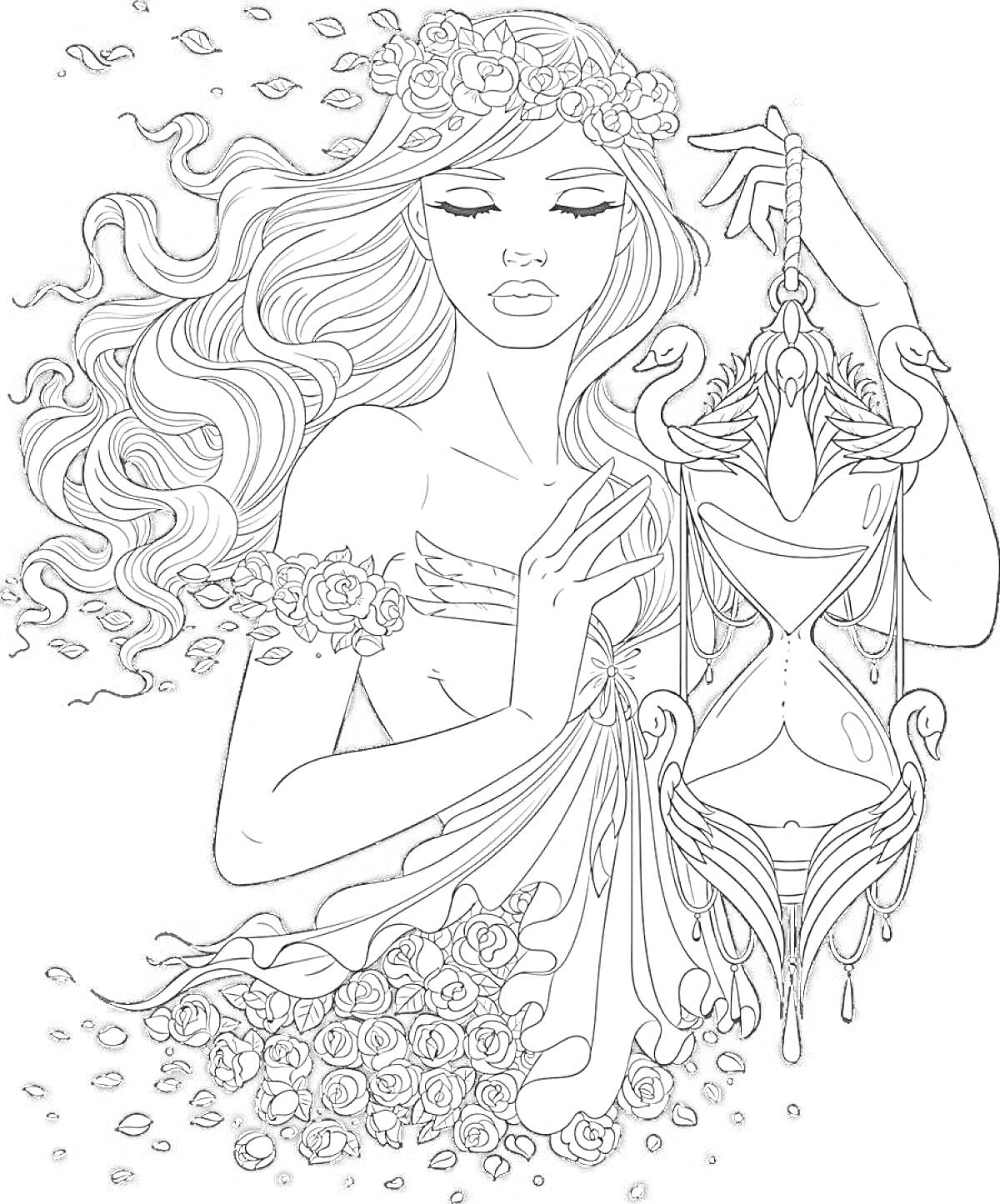 Раскраска Девушка с длинными волосами, венком из цветов, держащая песочные часы