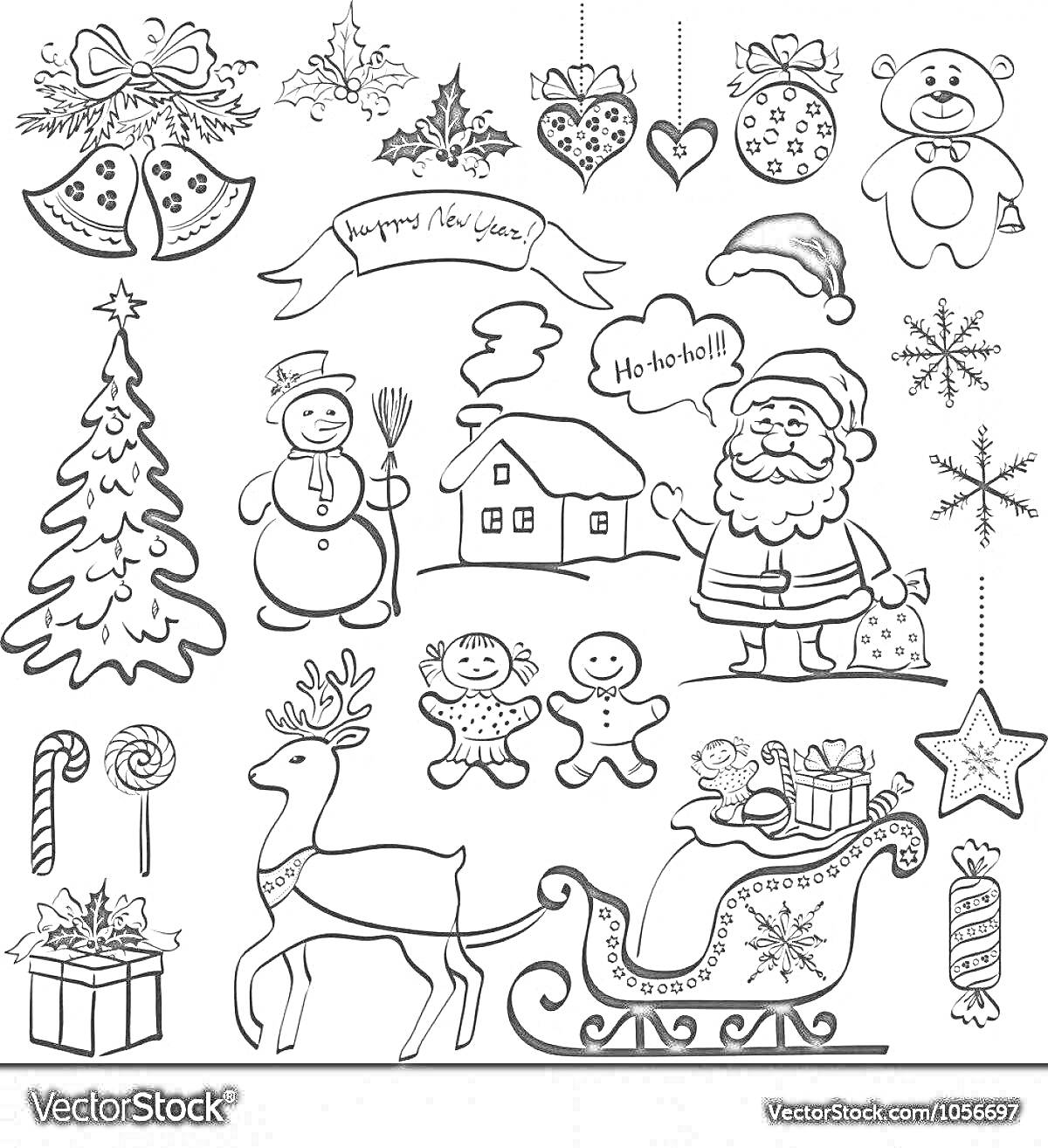 Раскраска Новогодние наклейки с украшениями, елкой, снеговиком, домиком, Дедом Морозом, конфетами, северным оленем, пряничными человечками, санями, подарками и снежинками
