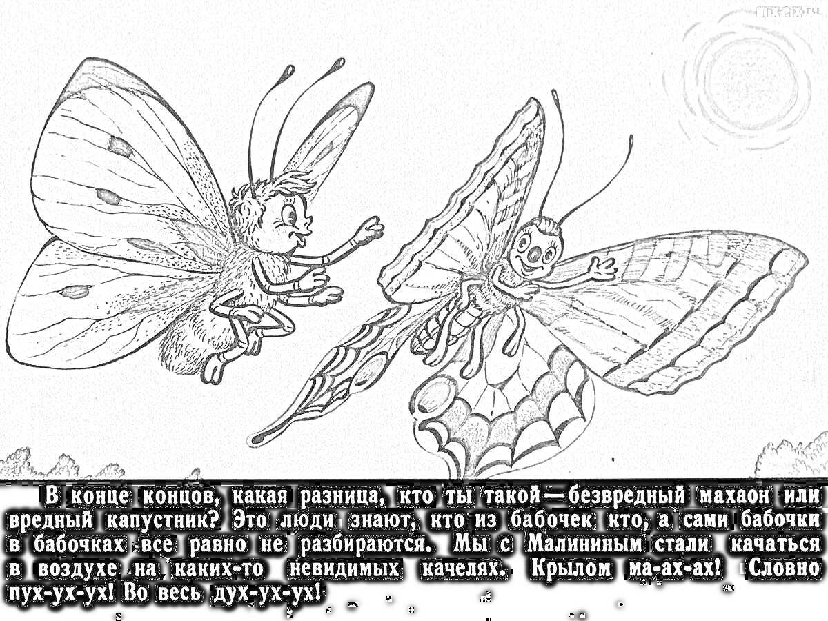 Раскраска Две бабочки с человеческими лицами, летающие на фоне солнца, с текстом из произведения 