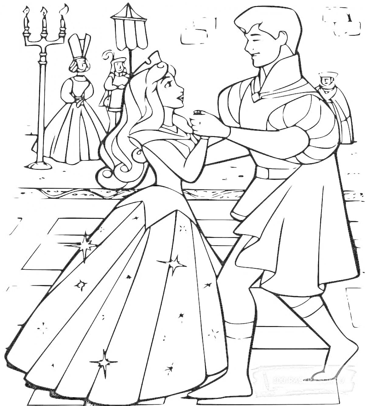 На раскраске изображено: Принцесса, Принц, Бал, Танец, Король, Королева, Платье, Подсвечник, Занавес, Зал