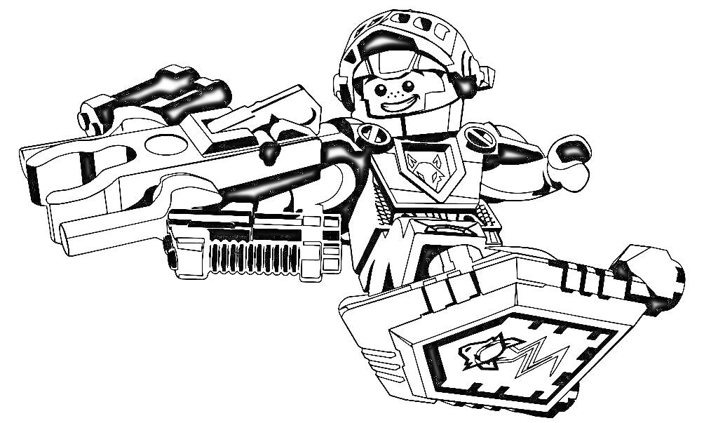 На раскраске изображено: Лего, Нексо Найтс, Оружие, Щит, Конструктор, Робот, Рыцари