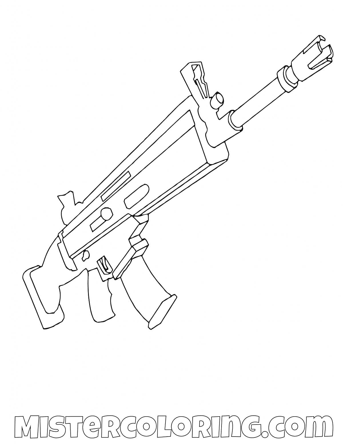 На раскраске изображено: Fortnite, Оружие, Штурмовая винтовка, Игра, Огнестрельное оружие, Боевое оружие