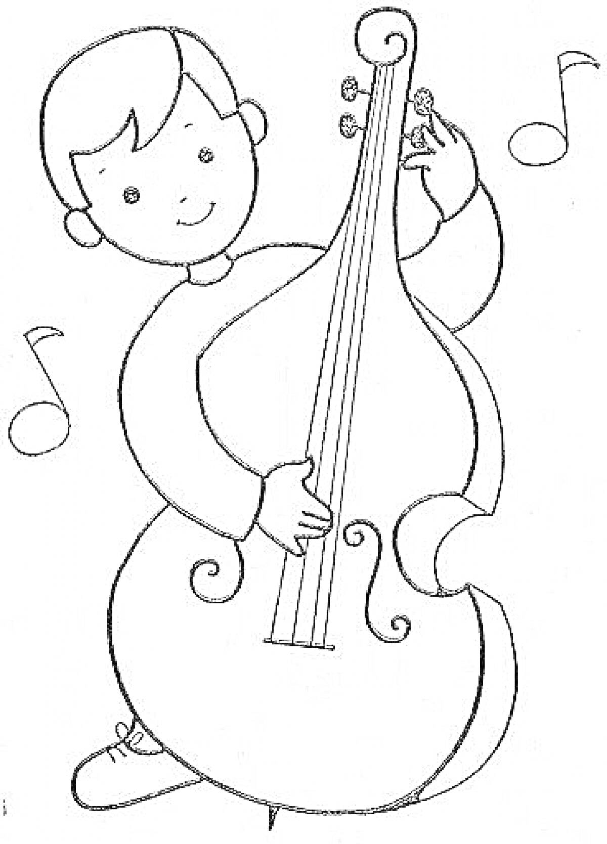 На раскраске изображено: Ребенок, Контрабас, Ноты, Игра, Музыка, Музыкальные инструменты