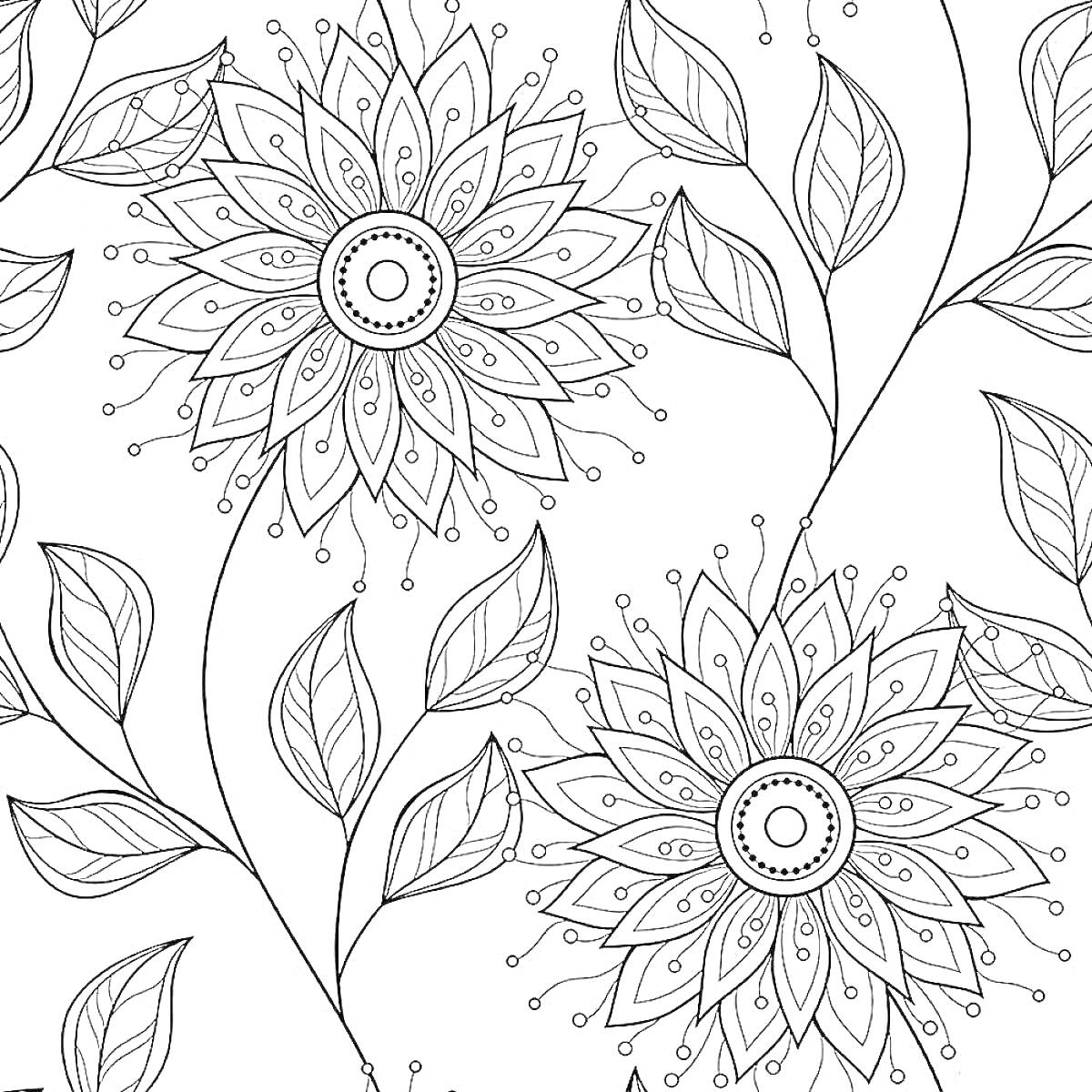 Раскраска Рисунок с крупными цветами и листьями