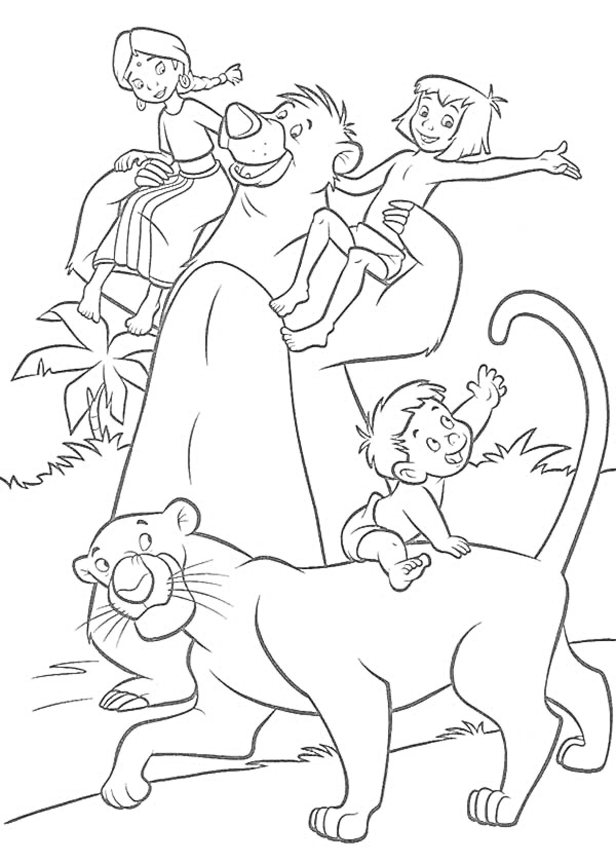 На раскраске изображено: Книга джунглей, Медведь, Пантера, Джунгли, Для детей, Животные