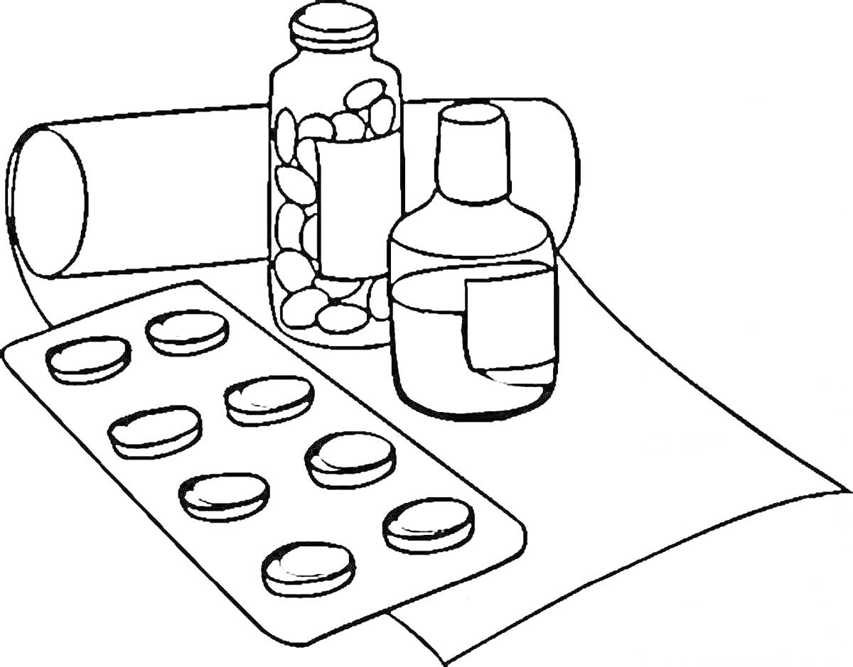 На раскраске изображено: Таблетки, Лист бумаги, Свиток, Лекарства, Бутылка, Пузыри