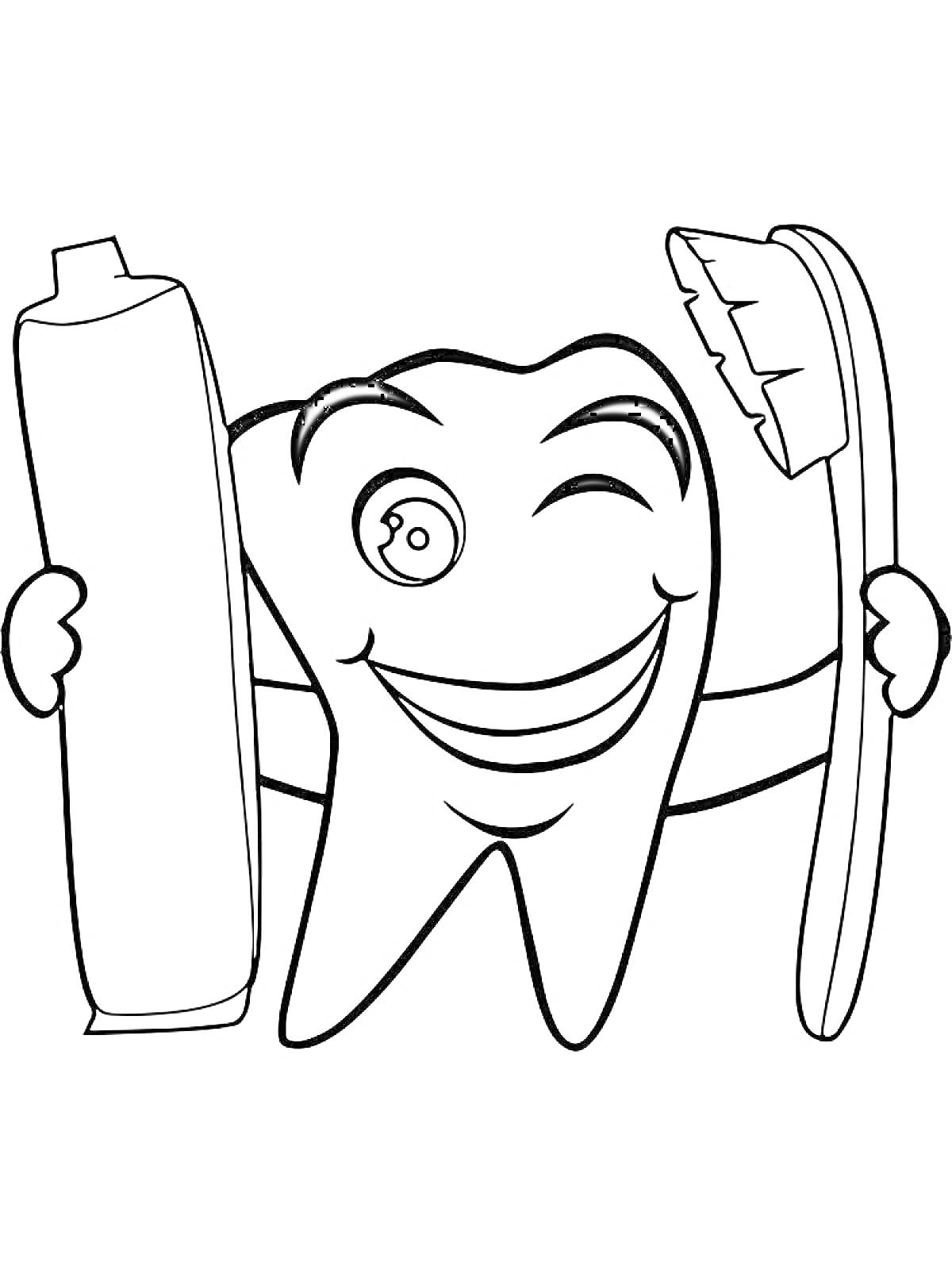 Раскраска Зуб с кариесом, держащий зубную щетку и зубную пасту