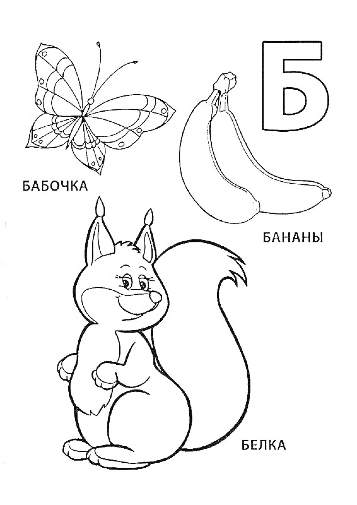 На раскраске изображено: Бабочка, Белка, Буква Б, Алфавит, Для детей, Банан