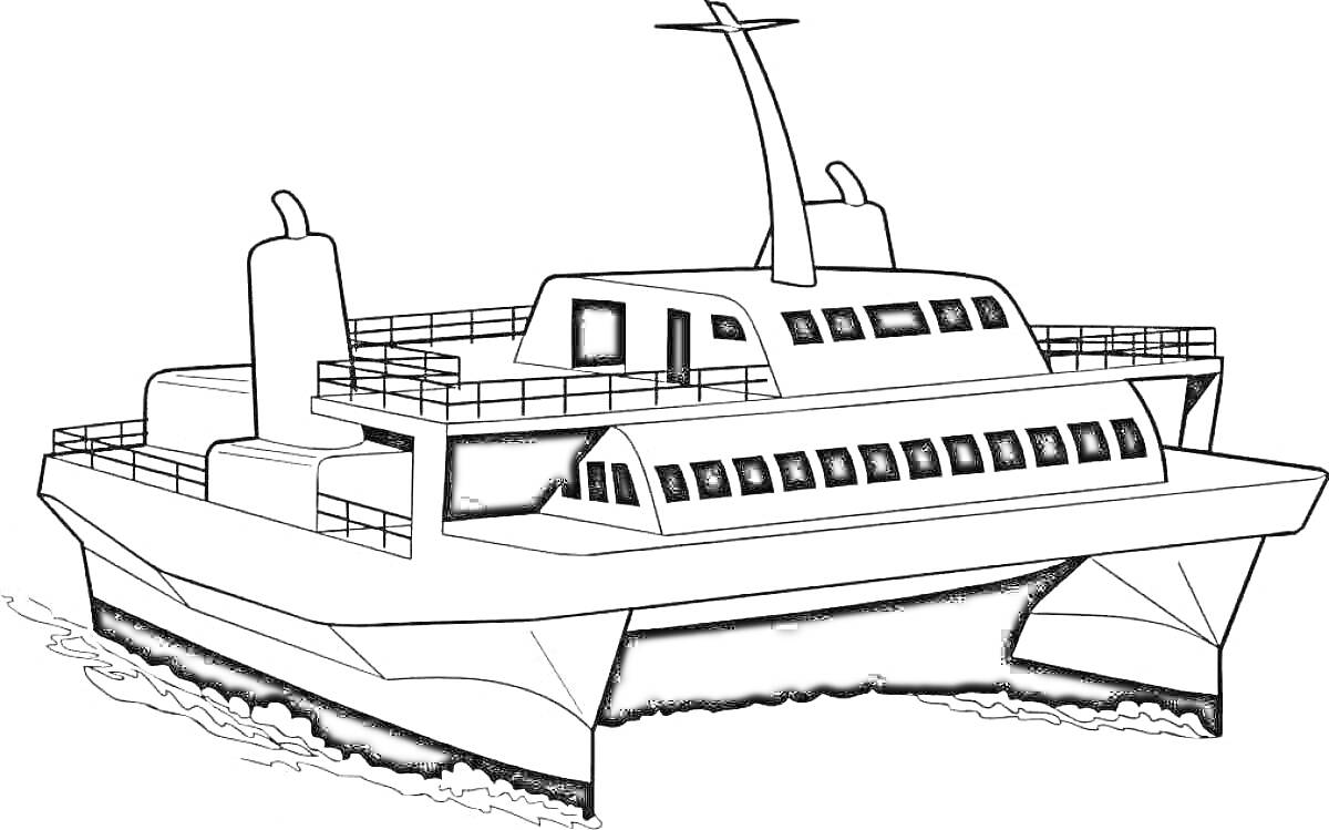 Раскраска Двухкорпусной катер на воде с верхней палубой и множеством окон