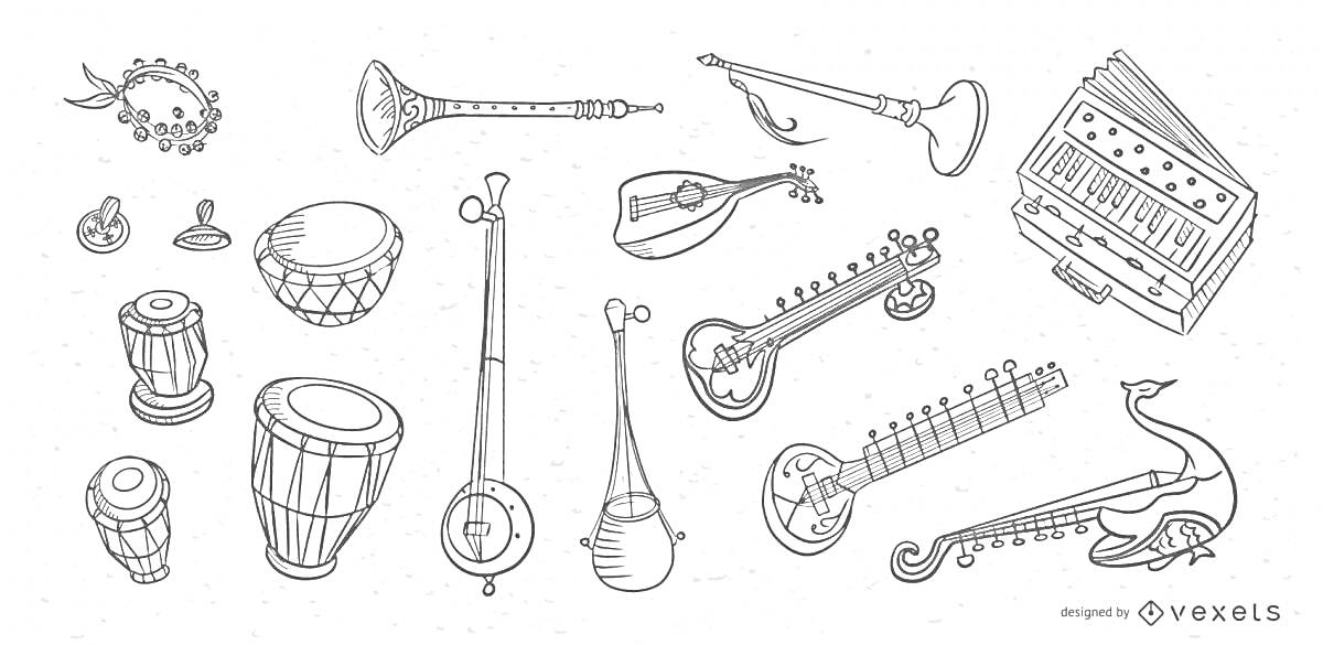 На раскраске изображено: Музыкальные инструменты, Бубен, Флейта, Барабан, Лютня, Губная гармошка, Перкуссия, Инструмент