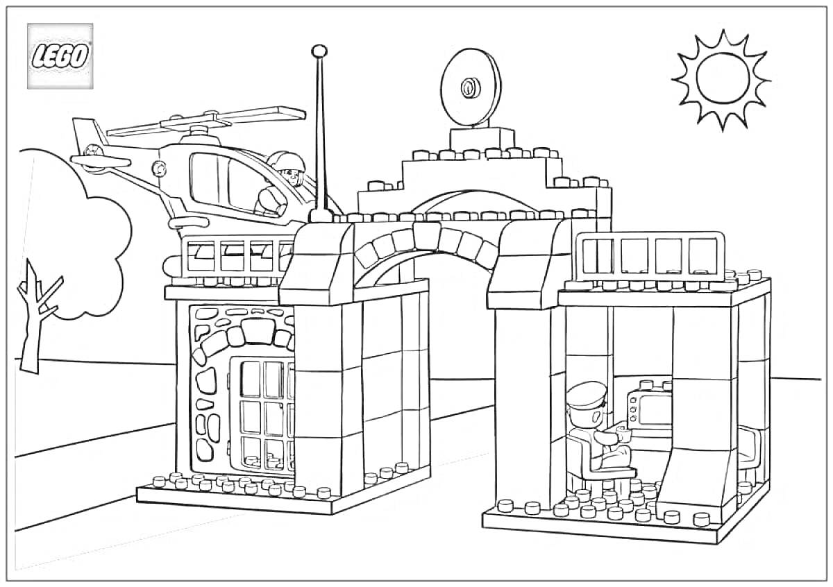 На раскраске изображено: Лего, Полиция, Вертолет, Компьютер, Сотрудник, Солнце, Арка