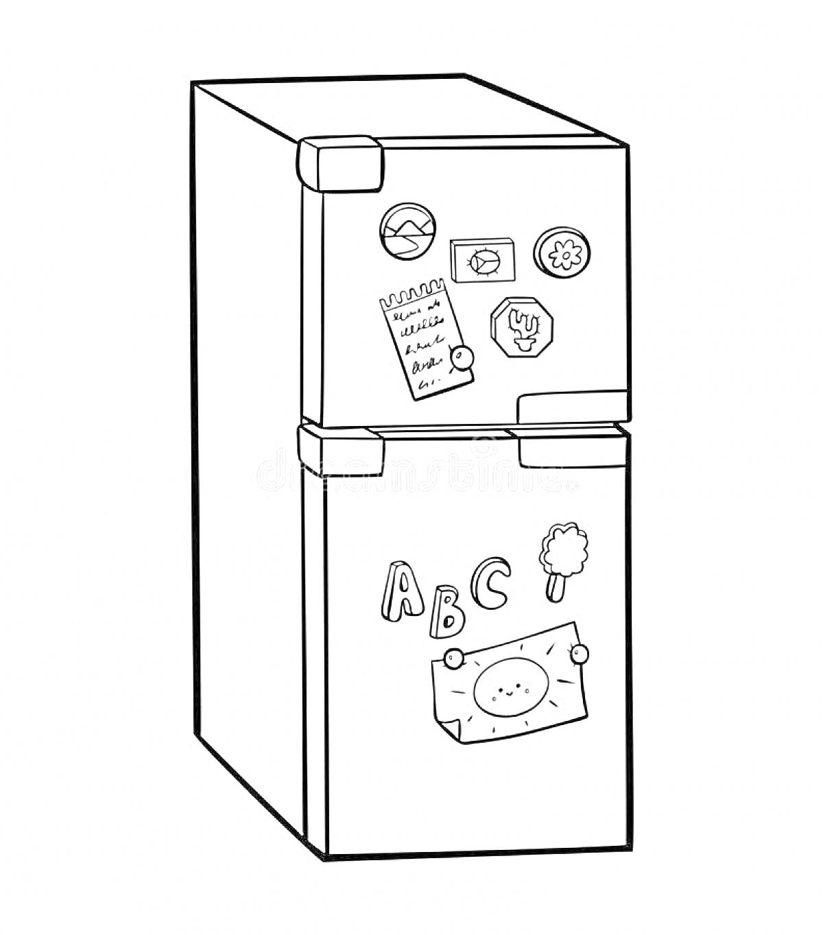 Раскраска Холодильник с магнитами, примечаниями и рисунками