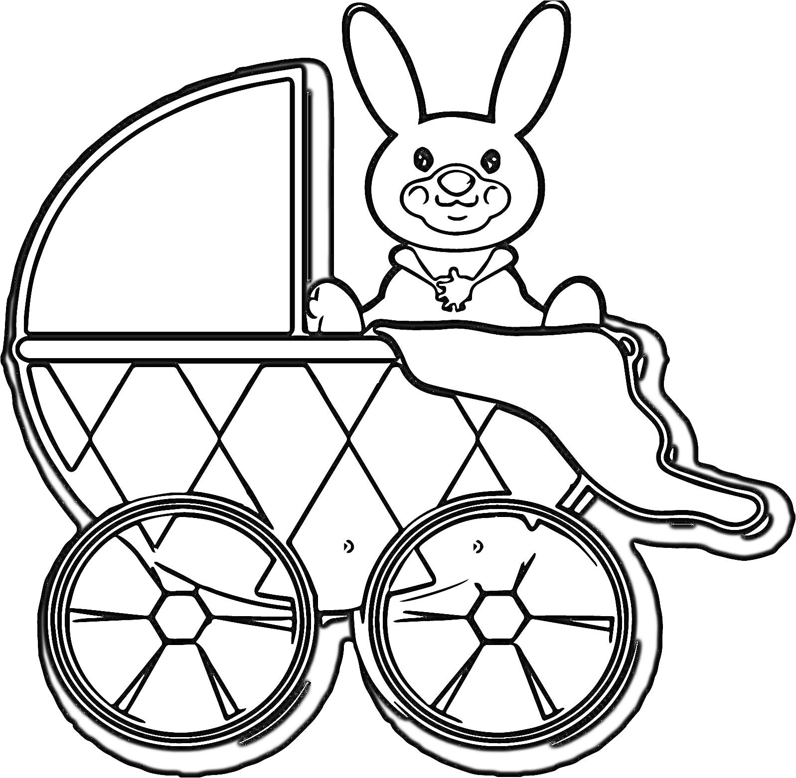 На раскраске изображено: Коляска, Кролик, Колеса, Одеяло, Малыш, Игрушки, Уши