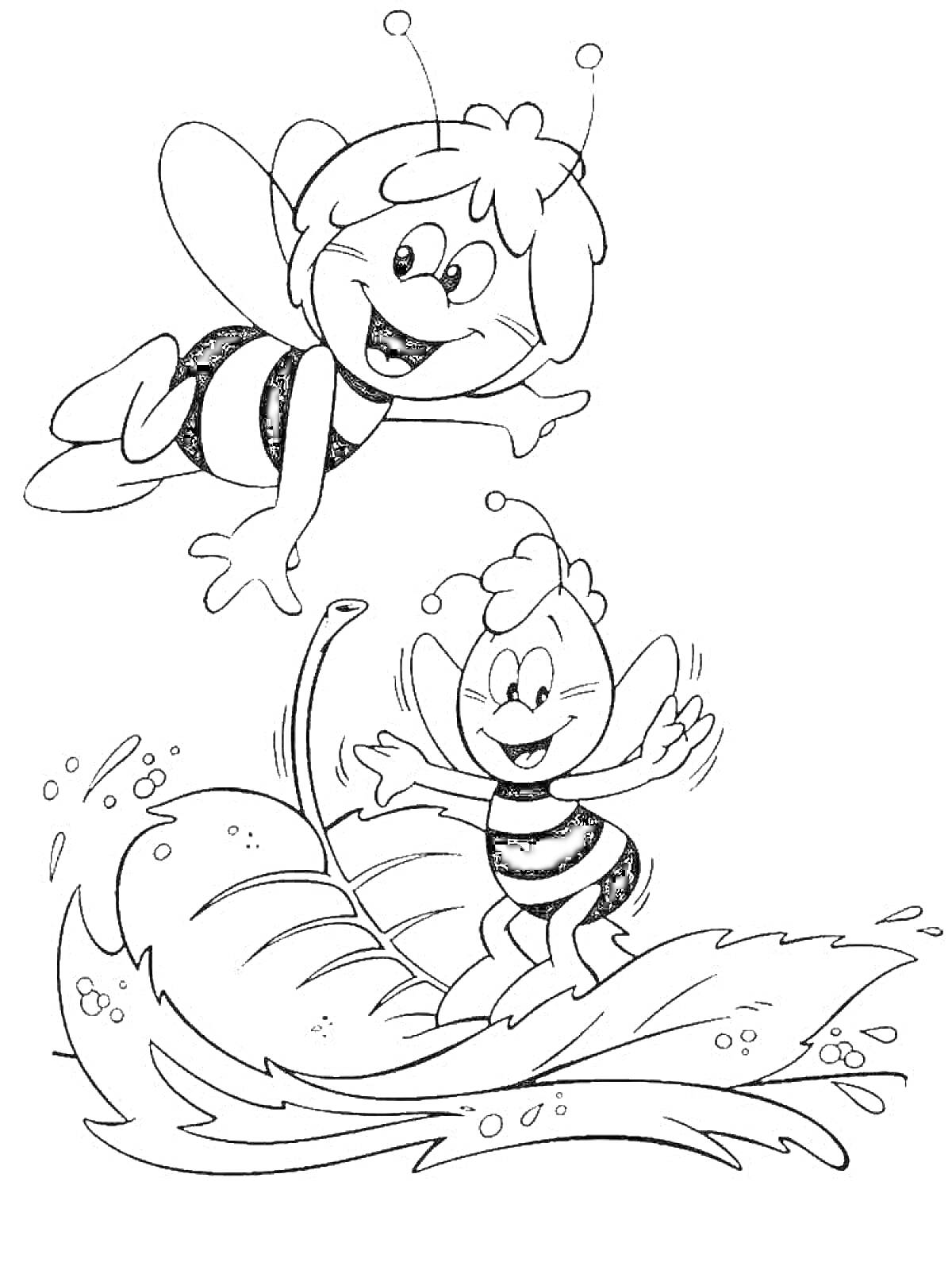 Раскраска Пчелки: одна пчелка летит, другая стоит на листе в воде