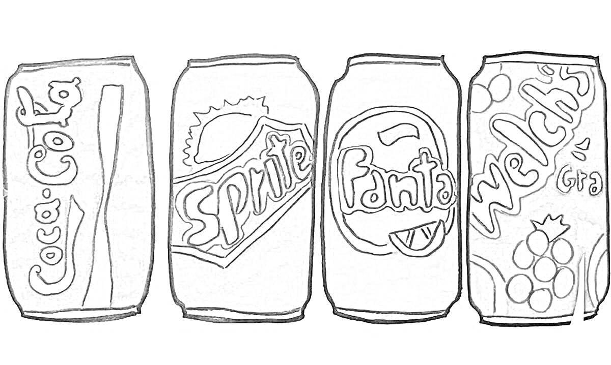Раскраска Кампанки газированных напитков на фоне - Coca-Cola, Sprite, Fanta, Welch's