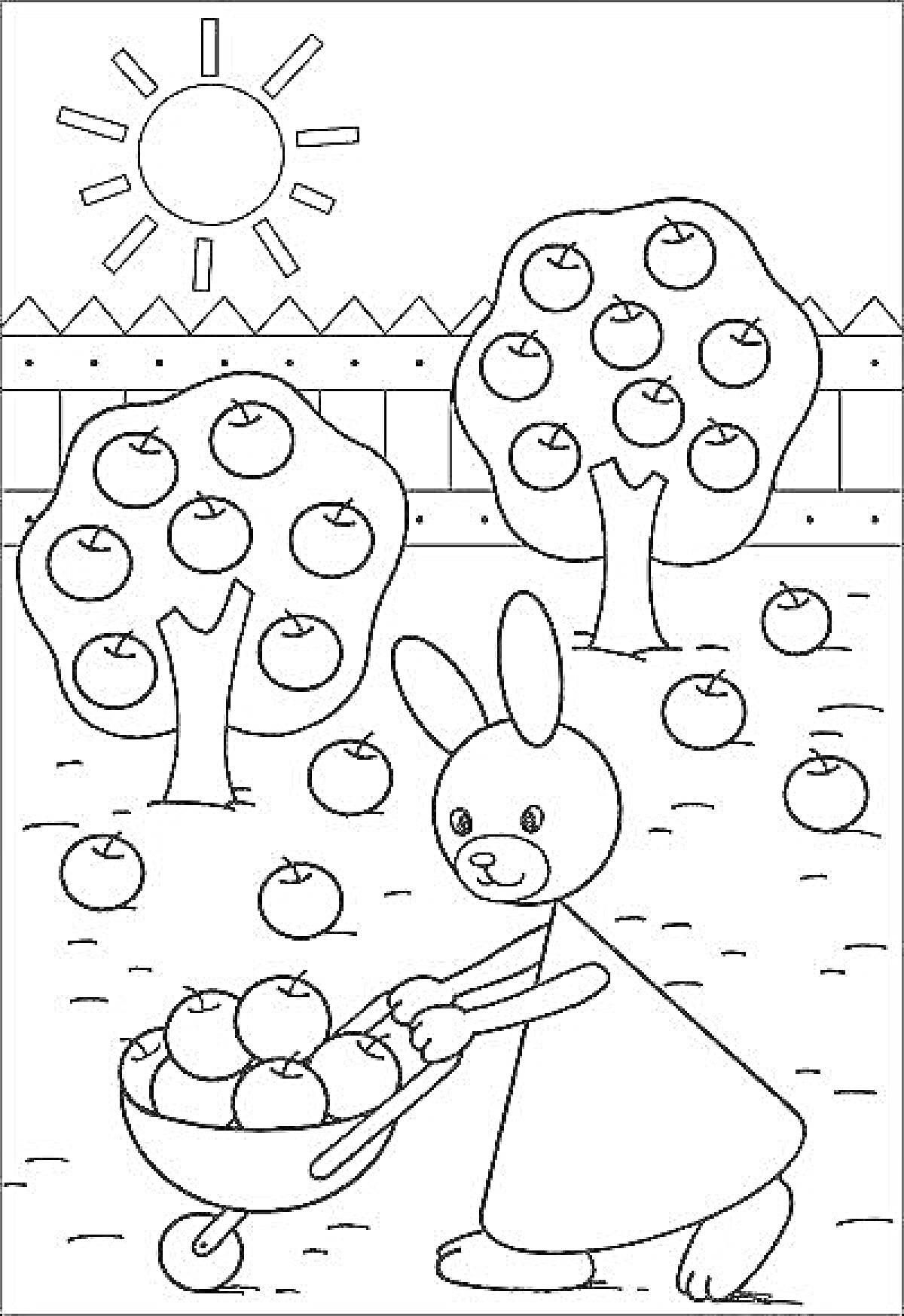 На раскраске изображено: Заяц, Яблоня, Сад, Солнце, Детский сад