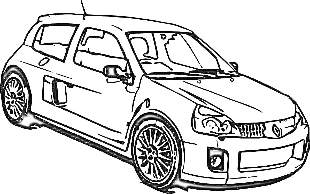 Раскраска Логан автомобиль, боковая и передняя часть машины с видимыми дверями, окнами, колесами и радиаторной решеткой