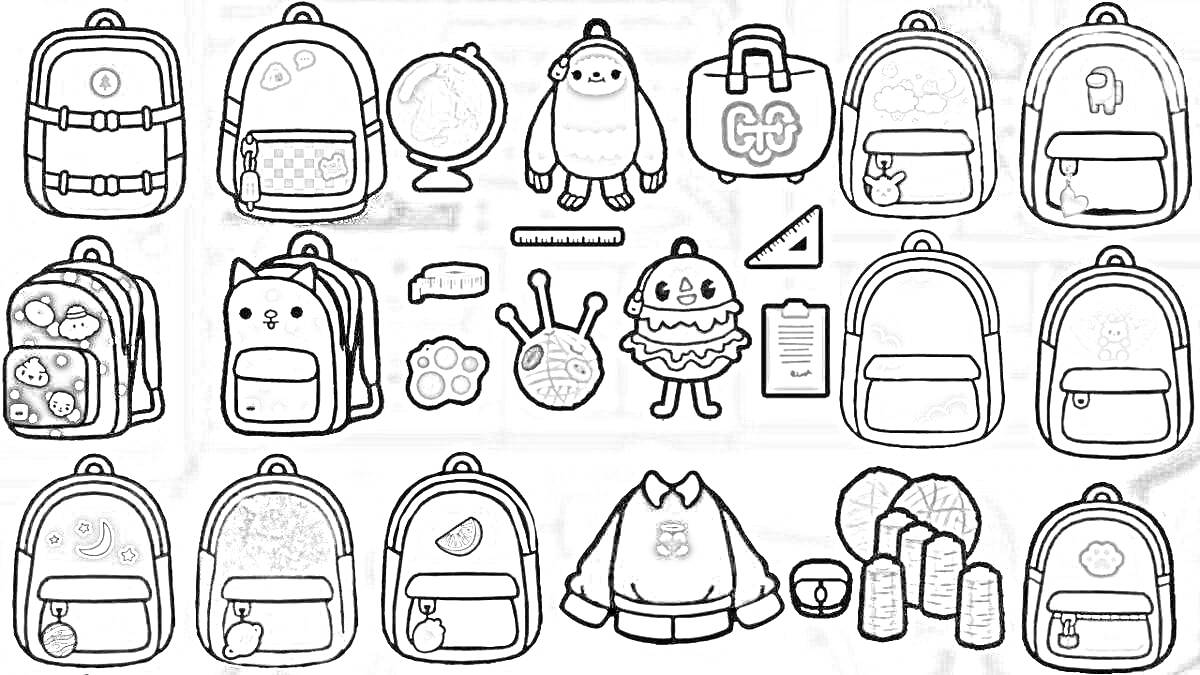Раскраска Разнообразные предметы из игры Тока Бока, включающие рюкзаки, глобус, пингвина, ластик, линейку, угольник, предметы для школы и аксессуары для персонажей.