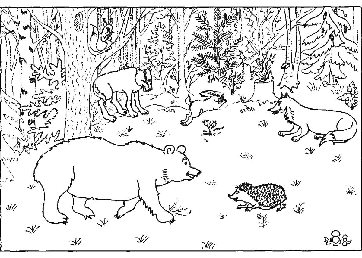 Раскраска Медведь, заяц, еж, лиса и волк зимой в лесу