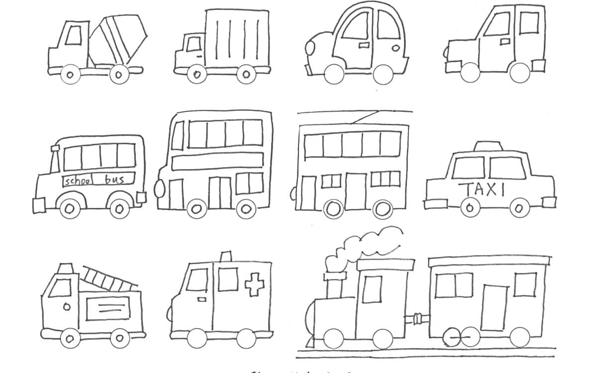 Раскраска с транспортом для детей 4-5 лет. Включает грузовик, самосвал, легковую машину, микроавтобус, школьный автобус, автобус, такси, пожарную машину, машину скорой помощи, поезд и вагончик.