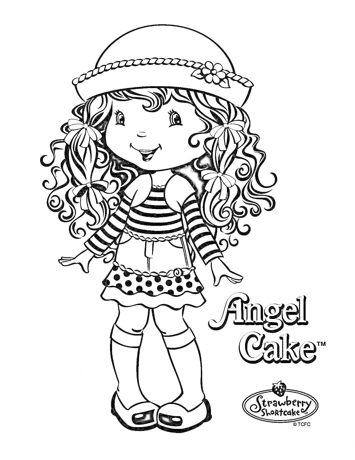 Раскраска Кукла модница с вьющимися волосами в шляпке с бантиком, полосатой кофтой и юбкой в горошек
